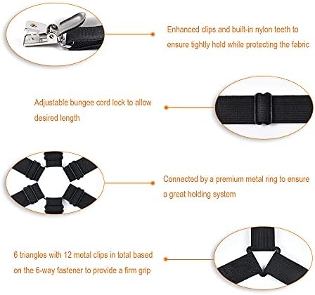Sopito Bed Sheet Strap, 6-Way Adjustable Sheet Clips Heavy Duty Bed Sheet Holders Grippers for Round and Square Mattresses, Black