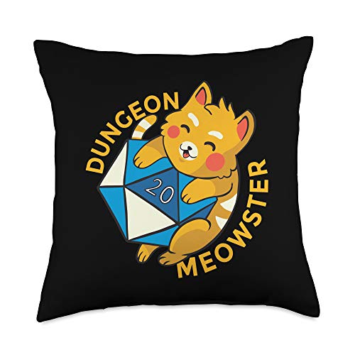 Nerdy Cat RPG Gaming Tees Design Co Dungeon Meowster Funny Nerdy Gamer Cat D20 RPG Throw Pillow, 18x18, Multicolor