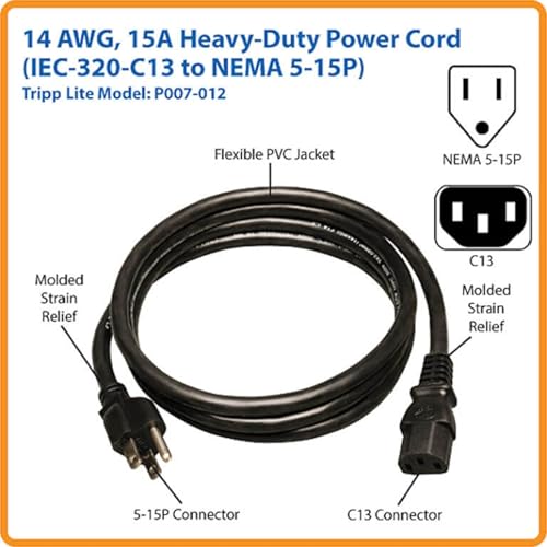 Image of Eaton Tripp Lite Series 15 Amp Standard 12ft Computer Power Cord for PC, Monitor, Laptop & More | UL Listed, Heavy Duty 14 AWG, 5-15P to IEC C13, Replacement 3 Prong AC Power Cable (P007-012)