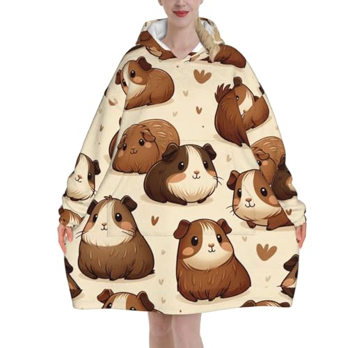 Oversized Flannel Wearable Blanket Hoodie For Adult Lovely-Guinea-Pig Soft Fuzzy Hooded Lounging Pullover
