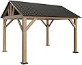 AMERLIFE 10x12 ft Wood Gazebo, Hardtop Pergola with Metal Steel Gable Roof, Outdoor Gazebo with Guest House for Garden, Porch, Patio, Black + Natural Wood
