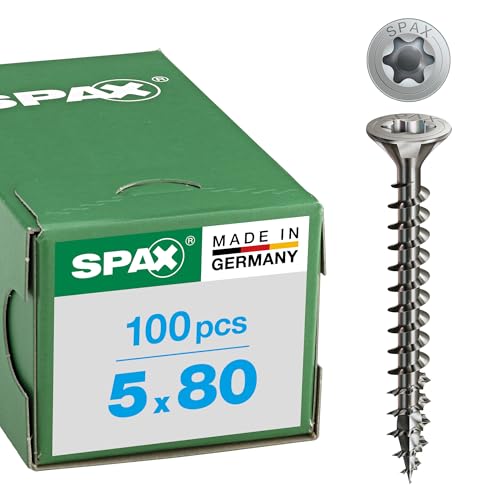 SPAX Lot de 100 vis universelles en acier inoxydable A2, 5,0 x 80 mm, T-STAR Plus, tête fraisée, filetage complet, 4CUT, 1197000500803