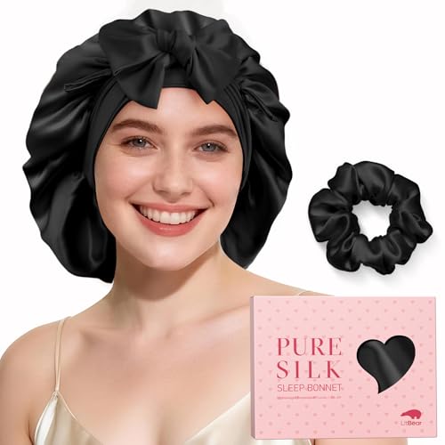 LitBear 22 Momme Seidenhaube zum Schlafen - große doppellagige 100% Silk Bonnet mit verstellbares breites Band, atmungsaktive und Haarschutz mit Seiden-Scrunchie