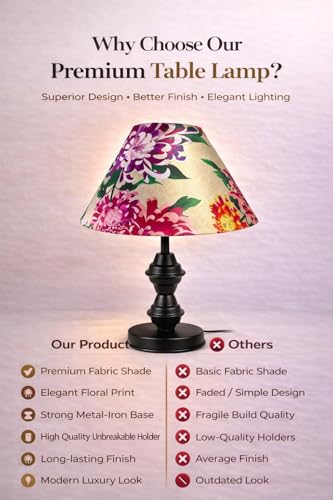 Image of tu casa Modern Table Lamp with Crimson Floral Satin Shade | Metal Iron Base Decorative lamp for Living Room| Study & Home Decor, Designer Table Lamp for Gifting (Crimson Floral)