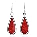 Classic Teardrop Shaped Reconstructed Red Coral Inlaid .925 Sterling Silver Dangle Earrings