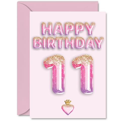 11th Birthday Cards for Boys Girls - Pink & Purple Glitter Balloons - Happy Birthday Card for 11 Year Old Boy Girl Granddaughter Brother Sister Nephew, A5 Bday Greeting Cards