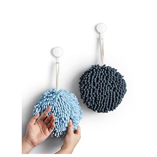 Sophie & Panda Fuzzy Ball Towel (Set of 2) Light and Dark Blue - Dry Your Hand Instantly conveniently with This Creative Bath Towel Set Decorative Towels for Bathroom (Pack of 2)