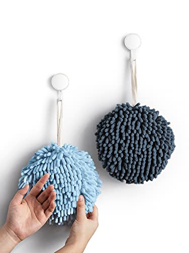 Sophie & Panda Fuzzy Ball Towel Sets of 2 Light and Dark Blue