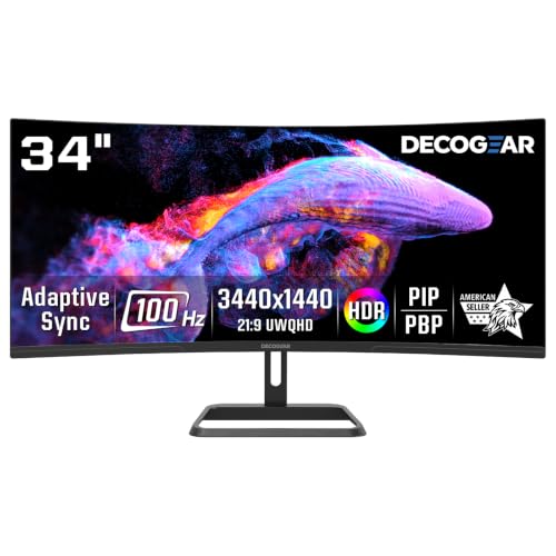 Image of Deco Gear 34 inch Curved Ultrawide Monitor, 3440x1440 UWQHD 21:9 100Hz 1500R | HDR 4000:1 | Adaptive-Sync | PIP /PBP | 100% sRGB | 1ms MPRT | 2 HDMI | 2 DP | 2K VA Screen for Business Laptop PC Home Office