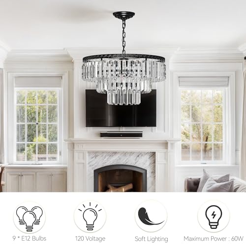 DWVO Black Crystal Ceiling Light Pendant Light 20in, 9-Light Round 3-Tier Adjustable Hight Modern Luxury Crystal Chandeliers for Living Room Entryway Bedroom Dining Room - E12 Base
