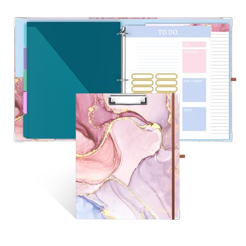 Image of 3 Ring Binder, 0.75 Inch Binder Organizer with 5 Tab Dividers, File Folder Labels, A4 Memo Pad & to Do List Planners for Women, Men, School Supplies and Office Supplies, Pink Marble