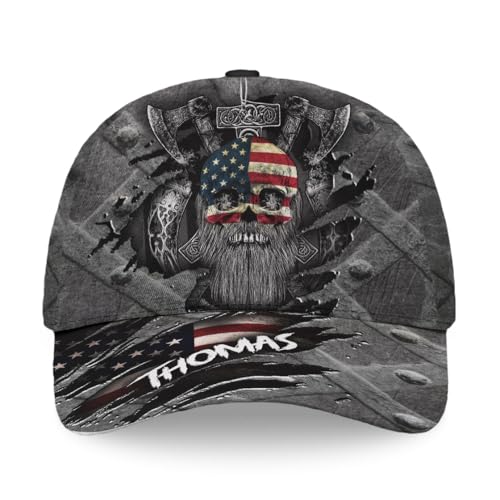 Image of Viking American Flag Skull Cap for Men, Viking Skull Us Flag Skeleton Gothic Horror, Adjustable Caps for Men Women