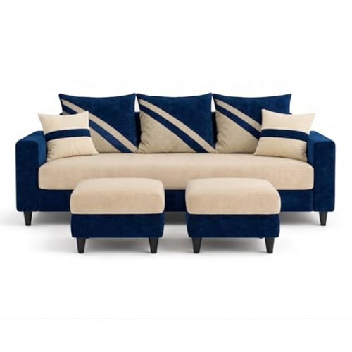 Image of SLEEPIFY Covelle 3 Seater Sofa Set with 2 Ottoman (Dark Blue - Cream) | Premium Soft Velvet | Plush Comfort Cushions | Modern Living Room Sofa | Spacious Comfortable Seating