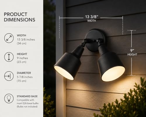 Image of Generation Lighting 2-Light 12.5-Inch Adjustable Flood Light in Black | Wet-Rated Aluminum Fixture with Matching Shade, an Exterior Lighting Fixture and Outdoor Lamp for Home Security or Driveway