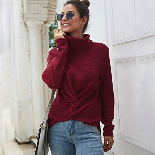 Romacci Suéter feminino de tricô com gola rolê e manga comprida, Vermelho, XL