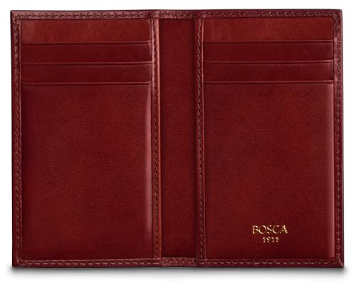 Image of Bosca Men's Leather Card Holder Wallet - Italian Full Grain Vegetable Tanned Credit Card Case - 6 Card Slots, 2 Receipt Wells - Classic Glossy Finish - Gift-Ready Packaging - Dark Brown