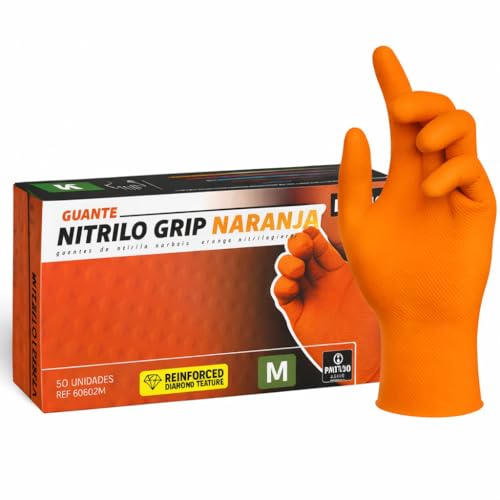 Guantes Desechables de Nitrilo Diamantados (Sin Latex y de Doble Grosor) - Guante Para Mecánica - Nitrile Gloves - Guantes Nitrilo - Guantes Trabajo Hombre - Luvas Descartaveis (50, Naranja, M)
