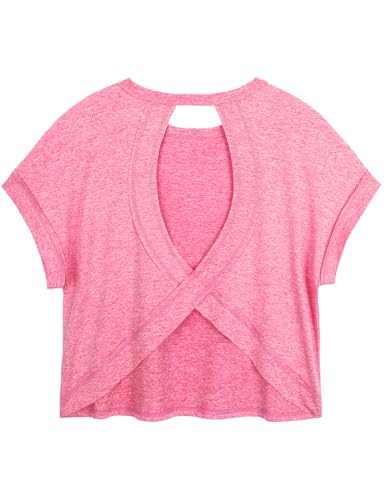 Koscacy Exercise Tops Plus Size Workout Shirts for Women Summer Open Back Tees Short Sleeve Breathable Quick Dry Running Outfits Hiking Clothes Pink 2XL