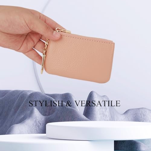 Image of Full Grain Leather Coin Purse with Key Chain - Small Change Purse Keychain Card Holder Keychain Pouch Small Keychain Wallet for Women and Men (Pink)