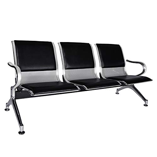 Waiting Room Chairs Guest Reception - 3-Seat Waiting Room Bench with Arms Airport Reception Bench Guest Reception Chairs PU Leather Office Chair for Airport Market Bank Hospital School, Black