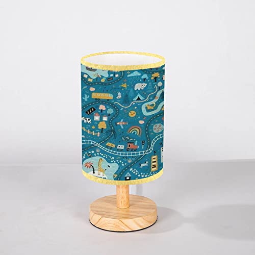 Minimalist Bedside Table Lamp Travel Around The World Play Mat For Children Baby Land Map Seamless Wood Nightstand Lamp Bedside Desk Lamp Wood Base Flaxen Fabric Shade For Bedroom Living Room #TOP6