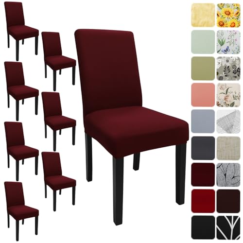 Keyroal Dining Room Chair Covers Set of 8, Stretch Solid Color Parsons Chair Slipcovers Spandex Removable Washable Kitchen Chair Protector Cover for Dining Room, Hotel, Ceremony(Burgundy)