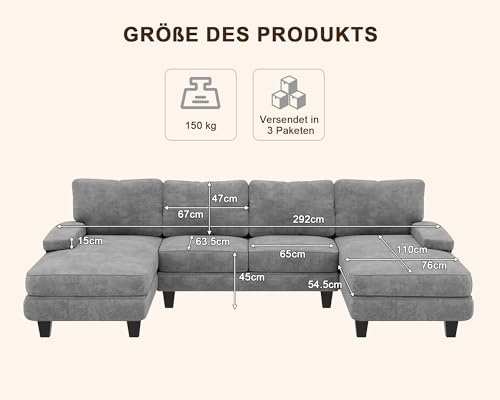 JUMMICO Ecksofa mit Schlaffunktion, Wohnlandschaft Eckcouch Sofa mit Abnehmbarer Sofabezug, U-Form Couch für Wohnzimmer & Schlafzimmer (BxTxH) 292x111x92cm, Grau – Bild 8