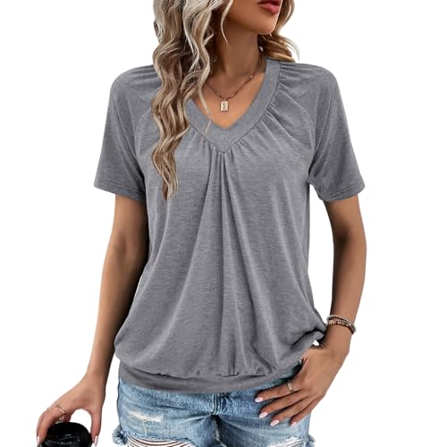 Gihgoew Summer Tops for Women 2025 Shorts Sleeve Womens Tops,V Neck Soft Casual Loose Fit Ruched Top T Shirts Tee Clothes (US, Alpha, Large, Regular, Regular, Gray)