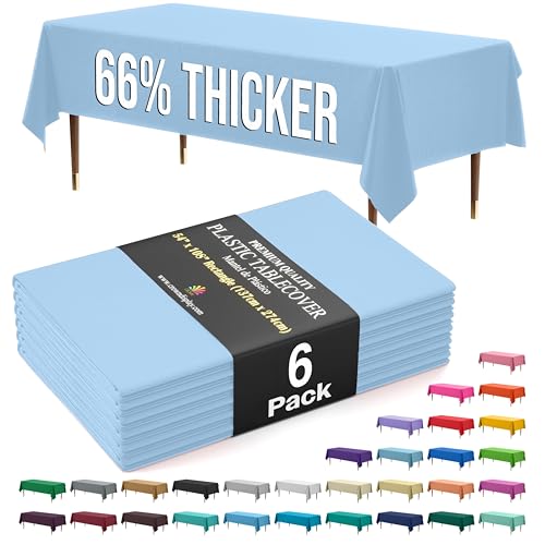 Exquisite - Party Solids 66% Thicker Premium Plastic Table Cloth Rectangle Table Cover 0.5 Mil 6 Pack Light Blue Table Cloth 54 Inch x 108 Inch Disposable Tablecloth Won't Tear Easily Like Cheap Thin Brands