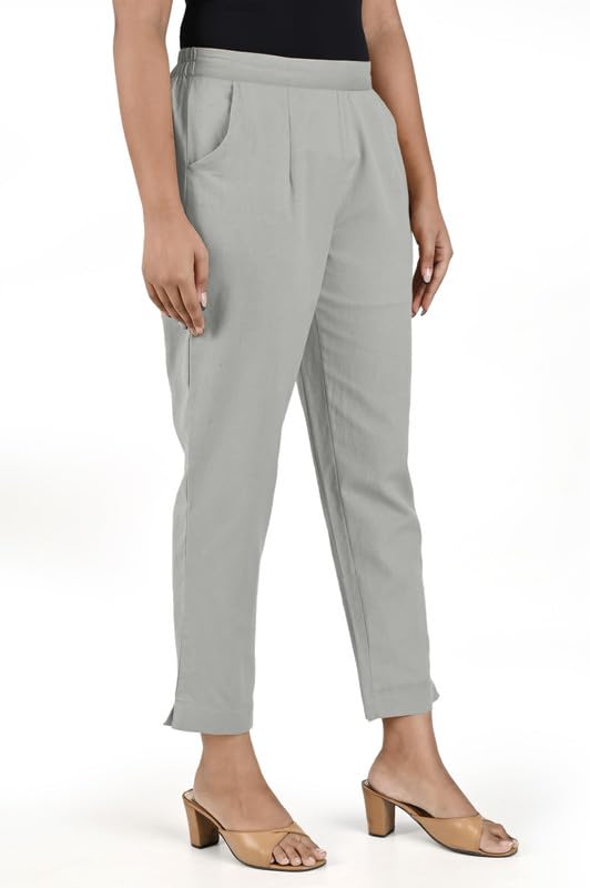 Image of Women's Solid Straight Fit 100% Cotton Trousers | High Waist, Side Pockets, Ankle Length Pants for Office, Casual