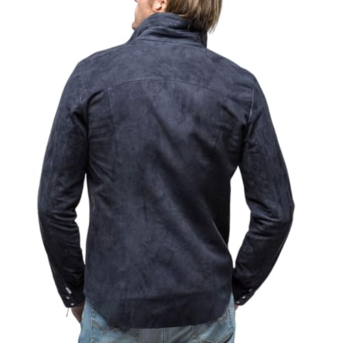 Men Suede Leather Navy Blue Jacket Shirt Overocat Leightweight Coat BM0132