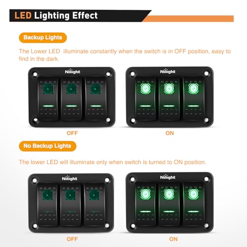 Image of Nilight 3 Gang Rocker Switch Panel SPST On Off Toggle with DIY Label Sticker | 5PIN Electrical 12V /20A 24V /10A Aluminum Plate with Pre-Wired Jumper Wires for LED Light Bar RV Boats 4X4 Cars Green