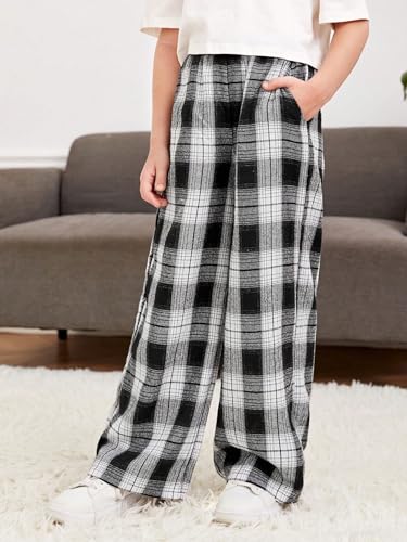 Girl's Plaid Wide Leg Pants Elastic High Waisted Trousers Trendy Sweatpants with Slant Pockets Black and White 9Y3