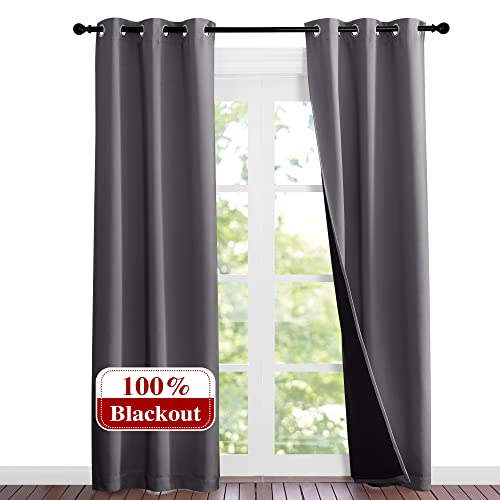 NICETOWN Grey Full Shade Curtain Panels, Pair of Thermal Insulated & Energy Efficiency Blackout Curtains for Living Room Windows, Lined Silky Performa