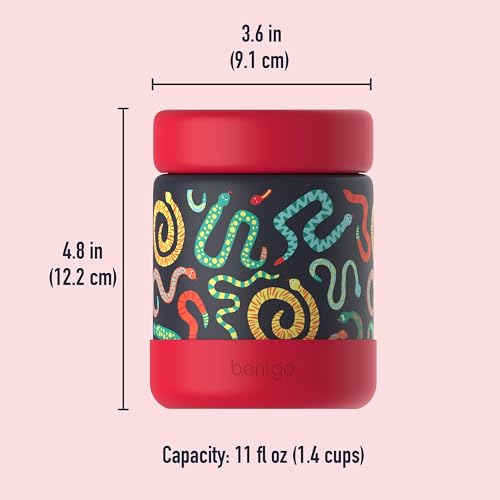 Image of Bentgo Kids Stainless Steel Leak-Proof Food Jar for Hot or Cold Food | 11 fl oz Double Insulated Container with Removable Silicone Bumper, Dishwasher Safe, Easy Open Lid, Ages 3+ (Sssnakes)