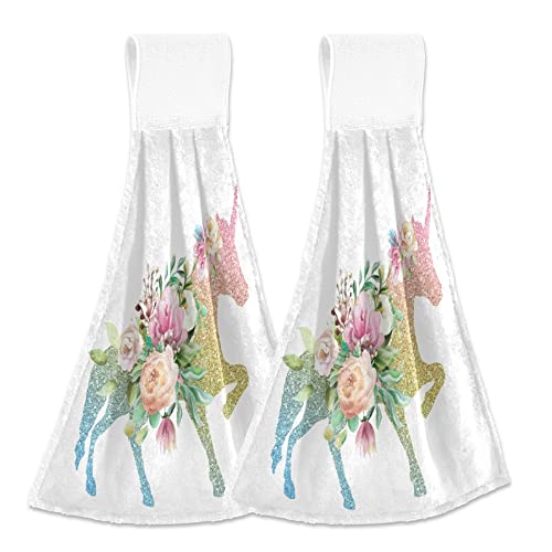 Kocoart Unique Unicorn Kitchen Towels Colorful Flowers Floral Bathroom Hand Towel Hanging Tie Towel With Loop 2Pcs Soft Absorbent Dish Cloth Fingertip Towel For Oven Stove Handle Tabletop #TOP20