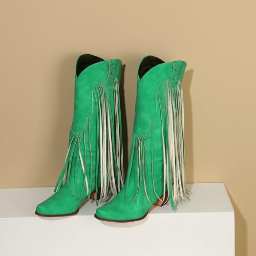 Image of KiutSymo Mid Calf Fringe Boots For Women Cowboy Pointed Toe Chunky Heels Cowgirl Western Tassel Boots