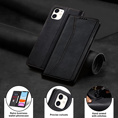 Image of Jasonyu Flip Wallet Case for iPhone 11,Leather Magnetic Folio Cover with Card Holder,Kickstand - TPU Shockproof Durable Protective Phone Case,Black
