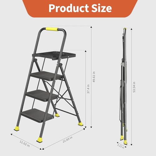 DIAMONDFORGE 3 Step Folding Ladder, 600lbs Capacity Steel Stool with Tool Platform, Wide Anti-Slip Pedal & Feet, Sturdy Steel Construction, Step Ladder for Home Office, Black Yellow by DIAMONDFORGE - Image 5