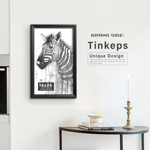 Image of 14x24 Picture Frame Black. MDF 1-3 /8 inch Curved Extra Wide Edges with Black Back, Vintage Style Poster Frame 14x24 for Wall Decor.