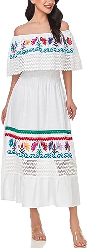Image of YZXDORWJ Women Embroidered Mexican Peasant Casual Sexy Lace Off-Shoulder Long Dress