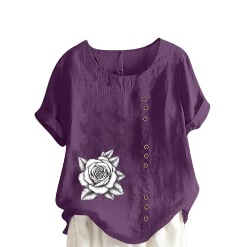 Lemoiitea Camiseta de verano para mujer elegante de manga corta de cuello redondo con estampado floral Tops de mujer de talla grande Camisa de botones casual ajuste holgado blusa gráfica Tees para la