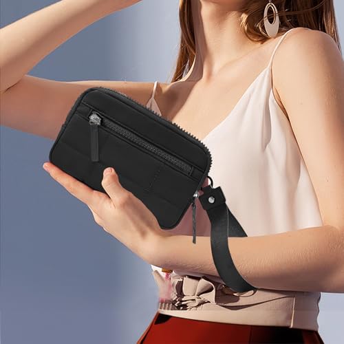 LJCZKA Wristlet Wallets for Women RFID Nylon Quilted Wallet with 3 Zipper Purse for Credit Card Holder Cellphone Organizer (Black)2