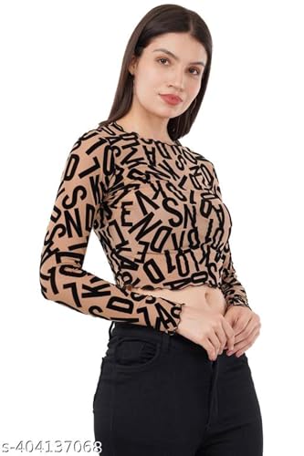 Image of ICW Women Long-Sleeves Round Neck Net Printed Transparent Mesh Sheer Crop Top T-Shirt DN38(Mix Print)