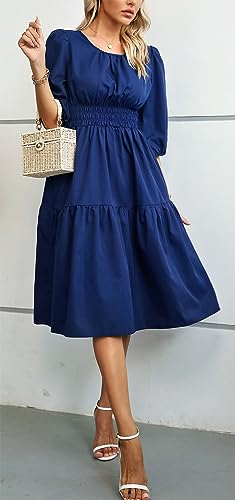 Image of Kormei Women Casual Boho Floral Round Neck 3 /4 Sleeve Smocked Waist Tiered A Line Flowy Swing Midi Dress Long Dresses