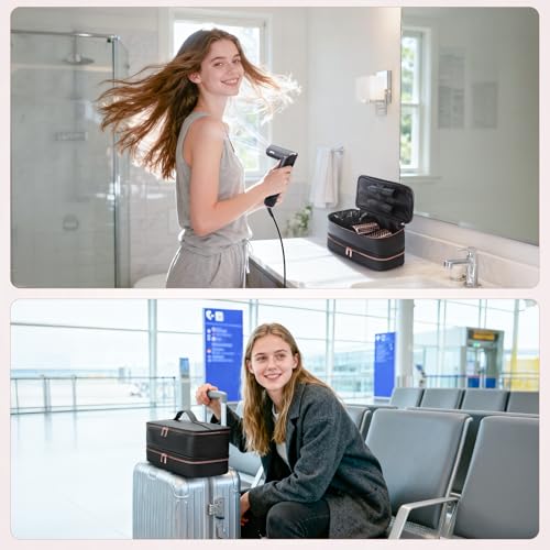 Image of Travel Hair Dryer Case for Shark Flexstyle, Double-Layer Carrying Case for Shark Flex Style Blow Dryer, Portable Hair Tools Storage Organizer Bag for Shark Beauty Hairdryer Attchments(Black Rose Gold)