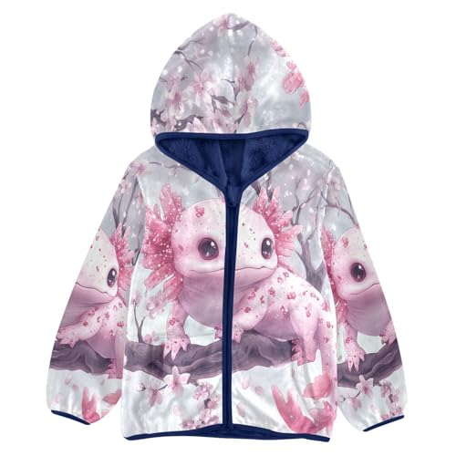 Cherry Blossoms Cute Axolotl Toddler Fleece Jacket Girl Boys Hooded Fleece Jacket Coat Warm Outwear Zip-up 3-10T