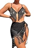 WDIRARA Women's 3 Piece Fringe Rhinestone Underwire Swimsuits Bikini Set with Beach Skirt Black L