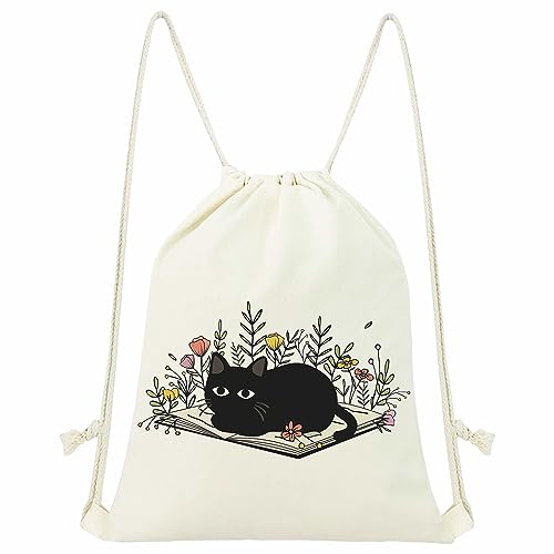 MOSITU Floral Drawstring Backpack Cute Cat Drawstring Bag Cotton Canvas Cat Backpack for Women Gift Gym Drawstring Bag Sport String Bag Beach Sack Bag Travel Sackpack