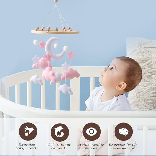 Gray Pink White Cloud Moon Themed Nursery Mobile,Crib Mobile for Baby Boys Girls,Handmade Baby Mobile,Adjustable Cotton Felt Soft Ceiling Mobile,Baby Shower Gifts for New Moms (Pink) - Image 5